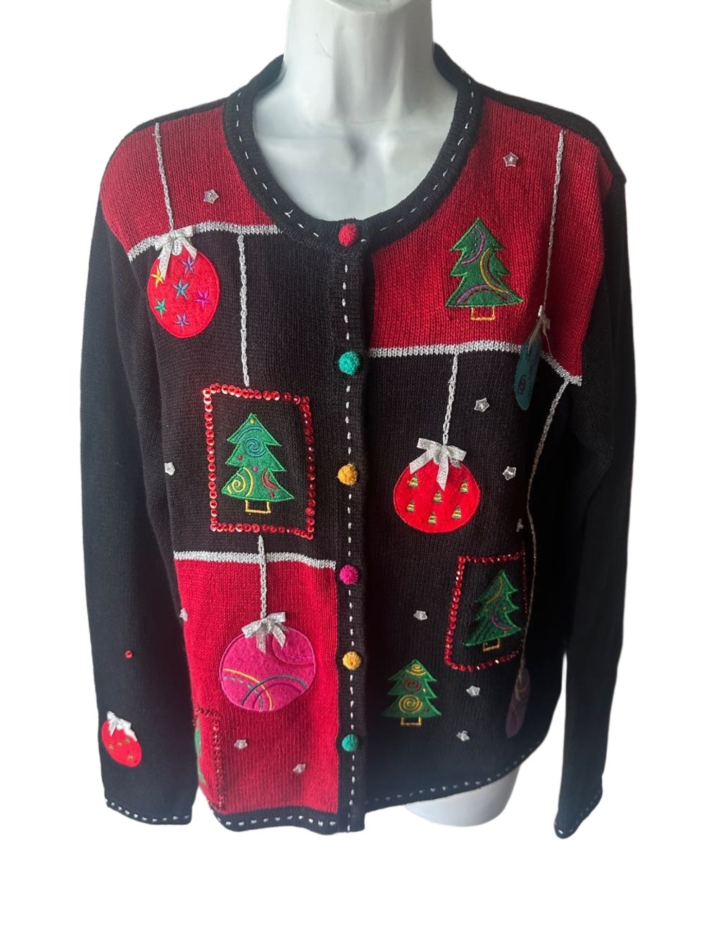 Vintage Karen Scott Holiday Cardigan Black Red Embroidered Ornaments M